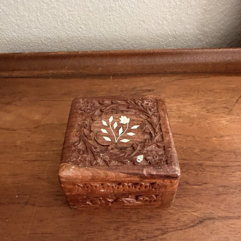 Vintage Wooden Jewelry Trinket Box Hand Carved Wood Inlay Made In India